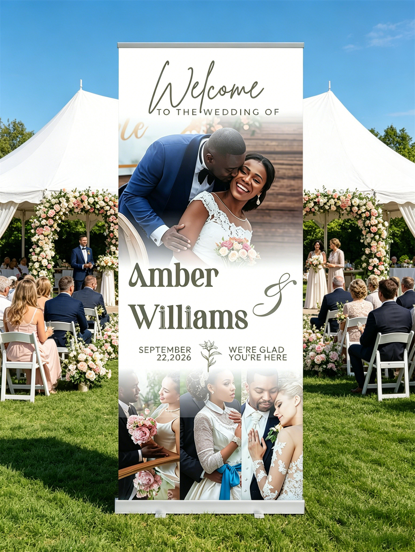 Customized wedding retractable banners - personalized photo wedding welcome signs, reception decorations and background curtains